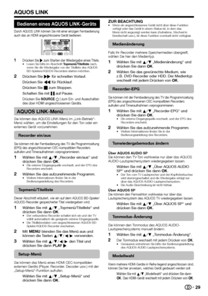 Page 3129
 Bedienen eines AQUOS LINK-Geräts
Durch AQUOS LINK können Sie mit einer einzigen Fernbedienung 
auch das an HDMI angeschlossene Gerät bedienen.
 
1Drücken Sie I zum Starten der Wiedergabe eines Titels.•  Lesen Sie bitte im Abschnitt Topmenü/Titelliste nach, 
wenn Sie die Wiedergabe von der Titelliste des AQUOS 
BD-Spielers/AQUOS-Recorders starten möchten.
 
2Drücken Sie J für schnellen Vorlauf.
Drücken Sie G für Rücklauf.
Drücken Sie H zum Stoppen.
Schalten Sie mit F auf Pause.
Drücken Sie SOURCE B...