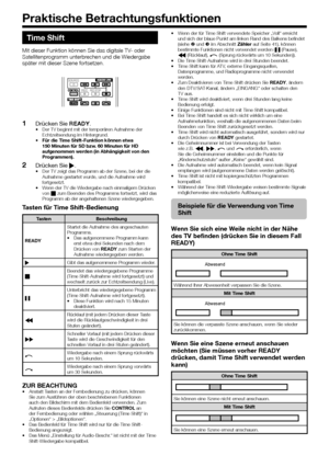 Page 4240
 Time Shift
Mit dieser Funktion können Sie das digitale TV- oder 
Satellitenprogramm unterbrechen und die Wiedergabe 
später mit dieser Szene fortsetzen.
 
1Drücken Sie READY.•  Der TV beginnt mit der temporären Aufnahme der 
Echtzeitsendung im Hintergrund.
•  Für die Time Shift-Funktion können etwa 
150 Minuten für SD bzw. 60 Minuten für HD 
aufgenommen werden (in Abhängigkeit von den 
Programmen).
 
2Drücken Sie I.•  Der TV zeigt das Programm ab der Szene, bei der die 
Aufnahme gestartet wurde, und...