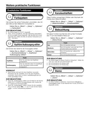 Page 4846
Zusätzliche Funktionen
Optionen
 Farbsystem
Hier können Sie auf ein Farbsystem umschalten, das mit 
dem Bild auf dem Bildschirm kompatibel ist.
Gehen Sie zu „Menü“ > „Setup“ > „Optionen“ 
> „Farbsystem“.
ZUR BEACHTUNG•  Als Werksvorgabe ist „AUTO“ eingestellt.
•  Wenn „AUTO“ gewählt ist, wird das Farbsystem automatisch auf den jeweiligen Kanal eingestellt. Falls das Bild nicht scharf 
angezeigt wird, wählen Sie bitte ein anderes Farbsystem (z.B. 
„PAL“, „SECAM“).
Optionen
Kopfhörer/Audioausgang...