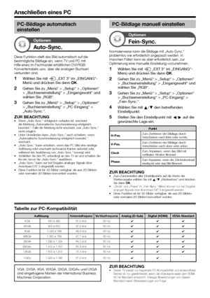 Page 5452
PC-Bildlage automatisch 
einstellen
Optionen
Auto-Sync.
Diese Funktion stellt das Bild automatisch auf die 
bestmögliche Bildlage ein, wenn TV und PC mit 
Hilfe eines im Fachhandel erhältlichen DVI/RGB-
Konverterkabels usw. über die analogen Buchsen 
verbunden sind.
 
1Wählen Sie mit b „EXT 3“ im „EINGANG“-
Menü und drücken Sie dann ;.
 
2Gehen Sie zu „Menü“ > „Setup“ > „Optionen“ 
> „Buchseneinstellung“ > „Eingangswahl“ und 
wählen Sie „RGB“.
 
3Gehen Sie zu „Menü“ > „Setup“ > „Optionen“ 
>...