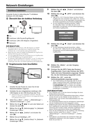 Page 5856
Netzwerk-Einstellungen
 Drahtlose Installation
Verwenden Sie den im Lieferumfang des TV enthaltenen 
drahtlosen LAN-USB-Adapter.
 
EÜbersicht über die drahtlose Verbindung
 
PC
 
Drahtloser LAN-Router/Zugriffspunkt
 
Drahtloser LAN-USB-Adapter (mitgeliefert)
 
Netzwerk
ZUR BEACHTUNG•  Bei Verwendung des drahtlosen LAN-USB-Adapters von SHARP 
(mitgeliefert) sollte um das Gerät herum möglichst viel freier Platz 
vorhanden sein, um eine optimale Leistung sicherzustellen.
•  Stellen Sie sicher, dass...