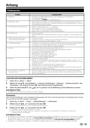 Page 7169
Fehlersuche
ProblemLösungsansätze• Kein Strom.
•  Schalten Sie den MAIN POWER-Schalter auf der Rückseite des TV ein (;) (Seite 5).
•  Ist das Netzkabel abgetrennt?
•  Kontrollieren Sie, ob  „Setup“ > „Ton“ > 
„Einstellung für Audio-Beschr.“ > „Mischungsverhältnis“ und wählen Sie die obere Ebene aus, um die 
Lautstärke anzuheben.
•  Vergewissern Sie sich, dass der Kopfhörer nicht angeschlossen ist.
•  Kontrollieren Sie, ob an der Fernbedienung e gedrückt wurde.
•  Ist die richtige Option im Menü...