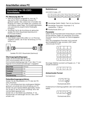 Page 5452
Kenndaten der RS-232C-
Schnittstelle
PC-Steuerung des TV•	Wenn	ein	Programm	eingestellt	ist,	kann	der	TV	über	die	RS-232C-Schnittstelle	mit	einem	PC	gesteuert	werden.	Dies	umfasst	das	Umschalten	des	Eingangs	(PC/Video),	das	Regeln	der	Lautstärke	und	verschiedene	andere	Regel-	und	Einstellmöglichkeiten,	was	automatische	programmierte	Wiedergabe	ermöglicht.•	Verwenden	Sie	für	die	Anschlüsse	ein	gekreuztes	serielles	RS-232C-Steuerkabel	(überkreuzt)	(im	Fachhandel	erhältlich).
ZUR BEACHTUNG•	Diese...