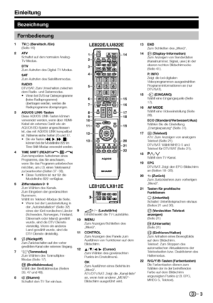 Page 5

Bezeichnung
Fernbedienung
>a (Bereitsch./Ein)(Seite 16)
ATVSchaltet auf den normalen Analog-TV-Modus.
DTVZum Aufrufen des Digital-TV-Modus.
SATZum Aufrufen des Satellitenmodus.
RADIODTV/SAT: Zum Umschalten zwischen dem Radio- und Datenmodus.Wenn bei DVB nur Datenprogramme (keine Radioprogramme) übertragen werden, werden die Radioprogramme übersprungen.
AQUOS LINK-TastenDiese AQUOS LINK-Tasten können verwendet werden, wenn über HDMI-Kabel ein externes Gerät wie ein AQUOS BD-Spieler angeschlossen...