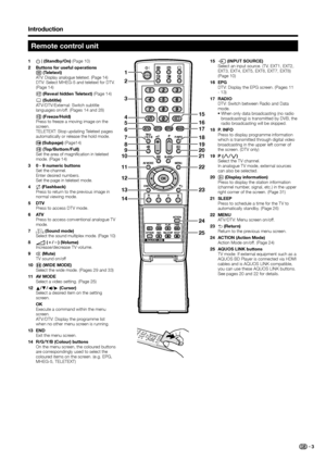 Page 5
Introduction
15
16
17
18
19
20
21
22
23
24
25
4
3
2
5
6
7
8
9
10
11
12
13
14 1
1 
B (Standby/On)  (Page 10)
2  Buttons for useful operations
  m (Teletext)
 
ATV: Display analogue teletext. (Page 14)  DTV: Select MHEG-5 and teletext for DTV.  (Page 14)
 k  (Reveal hidden Teletext)  (Page 14)
 [  (Subtitle)
  ATV/DTV/External: Switch subtitle  languages on/off. (Pages 14 and 28)
  3 (Freeze/Hold)
  Press to freeze a moving image on the  screen.
  TELETEXT: Stop updating Teletext pages  automatically or...