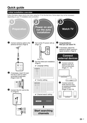 Page 9
Quick guide
Initial installation overview
Follow the below steps one by one when using the TV for the first time. \
Some steps may not be necessary 
depending on your TV installation and connection.
Preparation
n  Connect antenna cable to the antenna terminal. (Page 8)
o  If necessary, insert CA card into the CI slot to watch 
scrambled broadcasts. 
(Pages 8 and 19)
p  Connect the AC cord to the TV. (Page 8)
n  Turn on the TV power with  a. 
(Page 10)
o  Run the initial auto installation.  (Page 9)
✔...