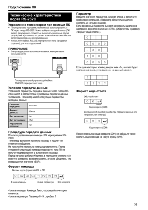 Page 37
Подключение ПК
C1 C2 C3 C4 P1  P2  P3  P4
Условия  передачи  данныхУстановите  параметры  передачи  данных  через  гнездо  RS-
232C  на ПК  в  соответствии  с  условиями  передачи  данных  
телевизора . Телевизор  имеет  следующие  параметры  
передачи  данных :
Скорость  
передачи :9 600 
бит/с
Формат  
данных :  8 
битов
Бит  четности :Нет
Бит  остановки :1 бит
Управление  
потоком : Нет
Процедура
 передачи  данныхПошлите  управляющие  команды  с  ПК  через  разъем  RS-
232C. 
Телевизор  выполнит...