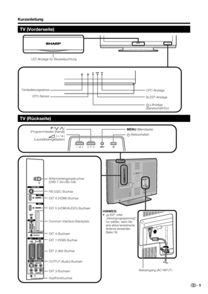 Page 7
 5
TV (Vorderseite)
Kurzanleitung
TV (Rückseite)
HINWEIS
• „ja  (5V)“  unter                          
„Versorgungsspannung“
  nur wählen, wenn Sie  eine aktive terrestrische 
Antenne verwenden. 
(Seite 19)
Netzeingang (AC INPUT)
MENU
 (Menütaste)
a  (Netzschalter)
i  (
l /
k ) 
(Lautstärkeregeltasten)  P
 (
s /
r ) 
(Programmtasten [Kanal]) 
Antenneneingangsbuchse
(DVB-T 5V=/80 mA)
EXT 1 (RGB)-Buchse
EXT 3-Buchsen
Kopfhörerbuchse EXT 2 (AV)-Buchse EXT 5 (HDMI/AUDIO)-Buchsen RS-232C-Buchse
EXT...