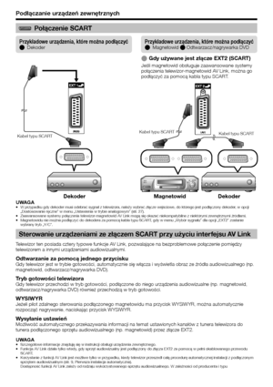 Page 18
Podłączanie urządzeń zewnętrznych
UWAGAW przypadku gdy dekoder musi odebrać sygnał z telewizora, należ\Ęy wybrać złącze wejściowe, do którego jest podłączony dekoder, w opcji 
„Dostosowanie ręczne” w menu „Ustawienia w trybie analogowym” (str. 27).
Zaawansowane systemy połączenia telewizor-magnetowid AV Link mogą się okazać niekompatybilne z niektórymi zewnę\Ętrznymi źródłami .
Magnetowidu nie można podłączyć do dekodera za pomocą kab\Ęla typu SCART, gdy w menu „Wybór sygnału” dla opcji „EXT2”...