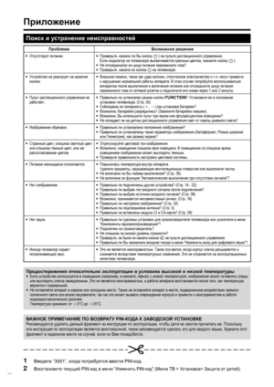 Page 54
Приложение
Поиск и  устранение  неисправностей
Проб лема Возмо жное решение
•  Отсутствует  питание .
• Проверьте , нажали  ли  Вы  кнопку  B  на  пульте  дистанционного  управления .
     Если  индикатор  на  телевизоре  высвечивается  красным  цветом , нажмите  кнопку  B .
•   Не  отсоединился  ли  шнур  питания  переменного  тока ?
•   Проверьте , нажата  ли  кнопка  a  на  телевизоре .
•  Устройство  не  реагирует  на  нажатия  
кнопок . •
  
Внешние  помехи , такие  как  удар  молнии , статическое...