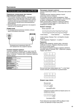 Page 55
C1 C2 C3 C4 P1  P2  P3  P4
0055 100
–30
0009
0
???? ?
OK
ERR
Технические
 характеристики  порта  RS-232C
Управление  телевизором  при  помощи  
персонального  компьютера
•  После  установки  программы  управление  телевизором  может  
осуществляться  с  компьютера  через  гнездо  RS-232C.  Можно 
выбирать  входной  сигнал  (PC/видео ), регулировать  громкость  
и  выполнять  различные  другие  регулировки  и  установки , что  
делает  возможным  автоматическое  запрограммированное  
воспроизведение .
•...