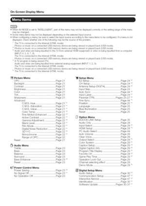 Page 21  
On=ScreenDisplayMenu 
oWhenAVMODEissettoINTELLIGENT,partofthemenumaynotbedisplayedcorrectlyorthesettingrangeofthemenu 
maybechanged. 
oSomemenuitemsmaynotbedisplayeddependingontheselectedinputsource. 
oWhenconfiguringamenu,besuretoselecttheinputsourceaccordingtothemenuitemstobeconfigured.Ifamenuisnot 
displayed,checkwhetheroneofthefollowingmaybethesourceoftheproblem. 
•1TheTVisconnectedtotheInternet(HTMLmode). 
PhotosormusiconaconnectedUSBmemorydevicearebeingviewedorplayedback(USBmode)....