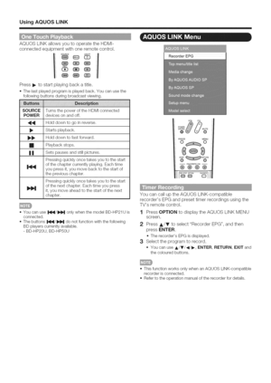 Page 41  
UsingAQUOSLiNK 
AQUOSLINKallowsyoutooperatetheHDMI- 
connectedequipmentwithoneremotecontrol. 
SOURCELIGHT 
REO 
PressI_tostartplayingbackatitle. 
=Thelastplayedprogramisplayedback.Youcanusethe 
followingbuttonsduringbroadcastviewing. 
SOURCETurnsthepoweroftheHDMIconnected 
POWERdevicesonandoff. 
_Holddowntogoinreverse. 
Startsplayback. 
_Holddowntofastforward. 
[]Playbackstops. 
||Setspausesandstillpictures. 
Pressingquicklyoncetakesyoutothestart 
ofthechaptercurrentlyplaying.Eachtime...