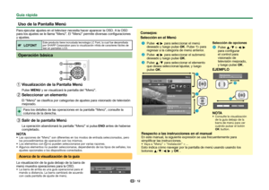 Page 1412
Guía rápida Uso de la Pantalla MenúPara ejecutar ajustes en el televisor necesita hacer aparecer la OSD. A la OSD 
para los ajustes se le llama “Menú”. El “Menú” permite\
 diversas configuraciones 
y ajustes.
LCFONT
Este producto tiene incrustada tecnologia LC Font, la cual fue desarrollada 
por SHARP Corporation para la visualización nítida de caracteres fáciles de 
leer en pantallas LCD.
Operación básica 
1 Visualización de la Pantalla MenúPulse @ y se visualizará la pantalla del “Menú”. 
2...