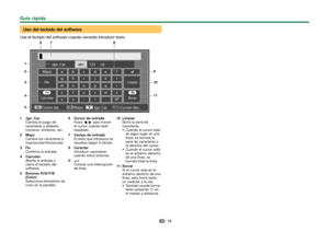 Page 1513
 Uso del teclado del softwareUse el teclado del software cuando necesite introducir texto.
Cursor der.
Cursor izq.Jgo. Car.
Mayu 123     ./@
abc
Mayu a b c d e f gh i j k l
mn o pq r stuvwx
yz: /.SP
Fin
Limpiar
Borrar
Cancelar
R
G
Y
B
FIN
Jgo. Car.
1 8
7
6
234 9
10
115 
1 Jgo. Car.
Cambia el juego de 
caracteres a alfabeto, 
números, símbolos, etc.
 
2 Mayu
Cambia los caracteres a 
mayúsculas/minúsculas.
 
3 Fin
Confirma la entrada.
 
4 Cancelar
Aborta la entrada y 
cierra el teclado del 
software....