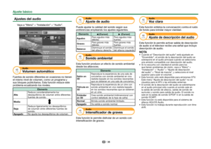 Page 3735
Ajustes del audio
Vaya a “Menú” > “Instalación” > “Audio”.
Instalación
Graves
Volumen automático
Audio
Agudos
[Apagado]
ESTÁNDAR
Lista CAN
:Atrás
:Introducir
Menú
Balance
I30
D30
AudioVolumen automático
Fuentes de sonido diferentes en ocasiones no tienen 
el mismo nivel de volumen, como un programa y 
sus bloques publicitarios. Esta función reduce este 
problema ecualizando los niveles.
Elemento
Alta Reduce considerablemente los 
desequilibrios de volumen entre diferentes 
fuentes de sonido.
Media...