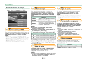 Page 3836
 Ajustes de ahorro de energía
Vaya a “Menú” > “Instalación” > “ECO”.
Instalación
Apa. sin señal
Control de imagen ECO
ECO
Ahorro energía 
Lista CAN
:Atrás
:Introducir
Menú
Apa. sin opera.
[Desactivado] [Desactivado]
[Apagado]
[Encendido]
ECOControl de imagen ECO
Esta función detecta automáticamente la fuente de 
imagen y disminuye el consumo de energía a la vez 
que mantiene inalterado el brillo de la imagen.NOTA Esta función no trabaja cuando “Modo AV” está 
ajustado a “DINÁMICO (Fija)”, “DINÁMICO” o...