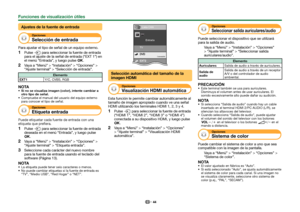 Page 4644
Ajustes de la fuente de entrada
Opciones Selección de entrada
Para ajustar el tipo de señal de un equipo externo. 
1
Pulse b para seleccionar la fuente de entrada 
para el ajuste de la señal de entrada (“EXT 1”) en 
el menú “Entrada”, y luego pulse ;.
 
2
Vaya a “Menú” > “Instalación” > “Opciones” > 
“Ajuste terminal” > “Selección de entrada”.
Elemento
EXT1 Y/C, CVBS, RGB
NOTASi no se visualiza imagen (color), intente cambiar a 
otro tipo de señal.
 Compruebe el manual del usuario del equipo externo...