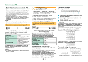 Page 6058
Control del televisor mediante PC Cuando se establezca un programa, el televisor podrá controlarse desde el PC utilizando RS-232C o IP. La 
señal de entrada (PC/vídeo) se puede seleccionar, el 
volumen se puede ajustar y también se pueden realizar 
otros ajustes, lo que permitirá realizar la reproducción 
programada automática.
 Utilice un cable de control en serie RS-232C (tipo  cruzado), cable ETHERNET (de venta en el comercio) 
o adaptador USB para LAN inalámbrica para las 
conexiones.NOTA Este...