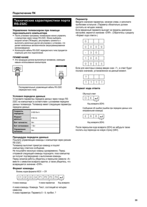 Page 37
Подключение ПК
C1 C2 C3 C4 P1  P2  P3  P4
Технические  характеристики  порта  
RS-232C
Управление  телевизором  при  помощи  
персонального  компьютера
•  После  установки  программы  телевизором  можно  управлять  
с  компьютера  через  гнездо  RS-232C.  Можно выбирать  
входной  сигнал  (ПК /видео ), регулировать  громкость  и  
выполнять  различные  другие  регулировки  и  установки , что  
делает  возможным  автоматическое  запрограммированное  
воспроизведение .
•  Используйте  кабель  RS-232C...