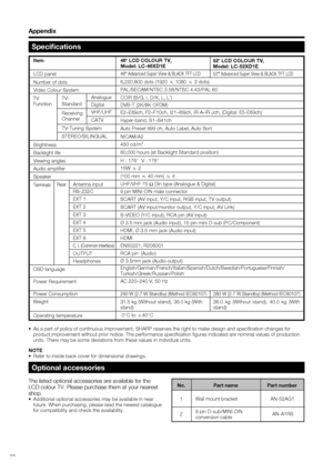 Page 38
 36
Speciﬁ cations
•  As a part of policy of continuous improvement, SHARP reserves the right \
to make design and speciﬁ cation changes for 
product improvement without prior notice. The performance speciﬁ cation ﬁ gures indicated are nominal values of production 
units. There may be some deviations from these values in individual unit\
s.
NOTE
•  Refer to inside back cover for dimensional drawings.
The listed optional accessories are available for the 
LCD colour TV. Please purchase them at your...