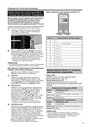 Page 11
9
Воспользуйтесь кнопками  
a /
b /
c /
d  
или  0  -  9 для  
выбора  нужной  станции  в  меню  Обзор  программ , а  
затем  нажмите  кнопку  OK  для  настройки  на  станцию .
•
  Нажмите  Синюю  кнопку  для  сортировки  списка  в  
соответствии  с  выбором  “Алфавитный ” или  “Числовой ”.
•   Для  получения  информации  о  том , какой  набор  
символов  соответствует  каждой  цифровой  кнопке , 
обращайтесь  к  следующей  таблице .
ПРИМЕЧАНИЕ•
 Этой  функцией  невозможно  управлять  в  случае , если...