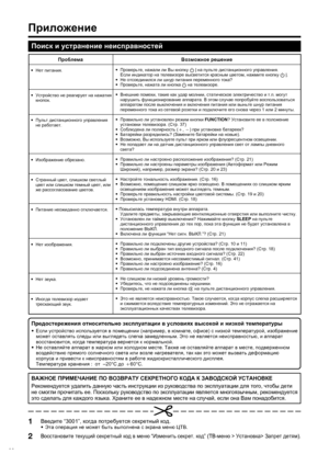 Page 38
36
•  Проверьте , нажали  ли  Вы  кнопку  
B  на
 пульте  дистанционного  управления . 
     Если  индикатор  на  телевизоре  высветится  красным  цветом , нажмите  кнопку  
B . 
•   Не  отсоединился  ли  шнур  питания  переменного  тока ?
•   Проверьте , нажата  ли  кнопка  
a  
на  телевизоре .
•   Внешние  помехи , такие  как  удар  молнии , статическое  электричество  и  т .п .  могут  
нарушить
  функционирование  аппарата . В  этом  случае  попробуйте  воспользоваться  
аппаратом  после...