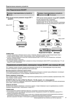 Page 19
Подключение SCART
Подключение внешних  устройств
E В  случае  использования  гнезда  EXT 1 
(SCART)E В  случае  использования  гнезда  EXT 2 (SCART)
Если Ваш  видеомагнитофон  поддерживает  
усовершенствованную  систему  связи  телевизор -
видеомагнитофон  «AV Link», Вы можете  выполнить  подключение  
видеомагнитофона  при  помощи  полнопроводного  кабеля  SCART.
Управление  устройствами , имеющими  гнездо  SCART,  при помощи  AV Link 
Этот телевизор  оснащен  четырьмя  стандартными  функциями  системы...