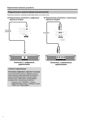 Page 20
Подключение внешних  устройств
DIGITAL AUDIO INL
R
AUX1 INL
R
AUX OUT
Подключение  громкоговорителя /усилителя
Подключите  усилитель  с  внешними  громкоговорителями , как  показано  ниже .
E Подключение  усилителя  с  аналоговым  
звуковым  входомE Подключение  усилителя  с  цифровым  
звуковым  входом
E После  подключения
Установка  цифрового  звукового  выхода
После  подключения  усилителя  с  цифровым  звуковым  
входом  и  внешних  громкоговорителей , как  показано  на  
рисунке , Вам  необходимо...