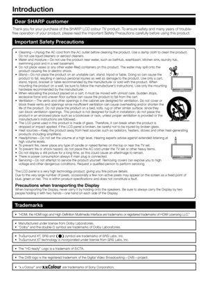 Page 4
Cleaning—Unplug the AC cord from the AC outlet before cleaning the product. Use a damp cloth to clean the product. 
Do not use liquid cleaners or aerosol cleaners.
Water and moisture—Do not use the product near water, such as bathtub, washbasin, kitchen sink, laundry tub, 
swimming pool and in a wet basement.
Do not place vases or any other water-filled containers on this product. The water may spill onto the 
product causing fire or electric shock.
Stand—Do not place the product on an unstable cart,...