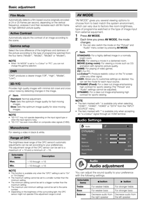 Page 34
Basic adjustment
NOTEThe item marked with * is available only when selecting 
“HDMI1”, “HDMI2”, “HDMI3” or “EXT4” from the “INPUT 
SOURCE” menu.
The item marked with ** is available only when accepting 
an “x.v.Colour” signal through an HDMI terminal.
•
•
Monochrome
For viewing a video in black & white.
Range of OPC
The brightness level range of the OPC sensor’s automatic 
adjustments can be set according to your preferences. 
The adjustment range of the OPC sensor can be set to a 
maximum of 
e16 and a...