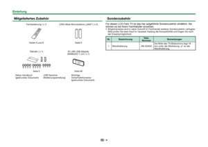 Page 64
Mitgeliefertes Zubehör
Fernbedienung ( x 1)LR03-Alkali-Microbatterie („AAA“) ( x 2)
Seiten 6 und 8 Seite 6
Ständer ( x 1) W-LAN USB-Adapter 
(WN8522D 7-JU) ( x 1)
Seite 5 Seite 60
Setup-Handbuch 
(gedrucktes Dokument) USB-Speicher 
(Bedienungsanleitung)Wichtige 
Sicherheitshinweise 
(gedrucktes Dokument)
 Sonderzubehör
Für diesen LCD-Farb-TV ist das hier aufgeführte Sonderzubehör e\
rhältlich. Sie 
können es bei Ihrem Fachhändler erwerben.
 Möglicherweise wird in naher Zukunft im Fachhandel weiteres...