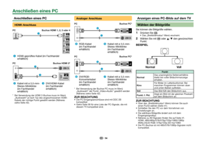 Page 5654
 Anschließen eines PC
HDMI-Anschluss
PCBuchse HDMI 1, 2, 3 oder 4
 
HDMI-geprüftes Kabel (im Fachhandel 
erhältlich)
PC Buchse HDMI 2*
 
Kabel mit ø 3,5-mm-
Stereo-Miniklinke 
(im Fachhandel 
erhältlich) 
DVI/HDMI-Kabel 
(im Fachhandel 
erhältlich)
*  Bei Verwendung der HDMI 2-Buchse muss im Menü 
„Audiowahl“ je nach Typ des angeschlossenen HDMI-
Kabels der richtige Punkt gewählt werden (Näheres 
siehe Seite 42).
Analoger Anschluss
PC Buchse PC*
 
RGB-Kabel
(im Fachhandel 
erhältlich) 
Kabel mit...