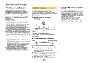 Page 6159
 Anschließen an das Netzwerk
Wenn Sie Internetdienste nutzen möchten, 
müssen Sie den TV an einen Router mit einer 
Hochgeschwindigkeitsverbindung zum Internet 
anschließen. Sie können den TV über einen 
Router oder Zugriffspunkt auch mit Ihrem 
Heimnetzwerkserver verbinden. Die Verbindung 
zwischen TV und Router kann verdrahtet oder 
drahtlos sein.
ZUR BEACHTUNG Wenn Sie sich für eine verdrahtete Verbindung zum Router entscheiden, benötigen Sie ein ETHERNET-
Kabel (im Fachhandel erhältlich).
 Falls...