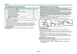 Page 7270
 Umweltrelevante technische Daten
Punkt
I Ein-Modus (W) (Heim-Modus)
101 W
J Energieeinsparung-Modus (W)
Weiterführend 75 W
K Bereitschaft-Modus (W)
0,1 W
L Jahresstromverbrauch (kWh)
147 kWh
M Jahresstromverbrauch im 
Energieeinsparung-Modus 
(kWh)
Weiterführend 110 kWh
 
IGemessen nach IEC 62087 Ed. 2 
JNäheres über die Energieeinsparung-Funktion finden Sie auf den betreffenden Seiten 
in dieser Bedienungsanleitung.
 
KGemessen nach IEC 62301 Ed. 1 
LJahresstromverbrauch mit Bezug auf den...