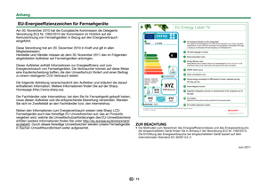 Page 7573
Anhang
 EU-Energieeffizienzzeichen für Fernsehgeräte
Am 30. November 2010 hat die Europäische Kommission die Delegierte 
Verordnung (EU) Nr. 1062/2010 der Kommission im Hinblick auf die 
Kennzeichnung von Fernsehgeräten in Bezug auf den Energieverbrauch 
eingeführt. 
Diese Verordnung trat am 20. Dezember 2010 in Kraft und gilt in allen 
Mitgliedsstaaten. 
Hersteller und Händler müssen ab dem 30. November 2011 den im Folg\
enden 
abgebildeten Aufkleber auf Fernsehgeräten anbringen.
Dieser Aufkleber...