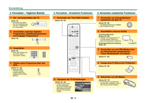 Page 1210
 3. Fernsehen – Täglicher Betrieb 1
Ein- und Ausschalten des TV
(Seite 19) Sie können das Gerät über die Fernbedienung 
und das TV-Bedienfeld 
ein-/ausschalten. 2
Umschalten zwischen digitalen 
Programmen, Satellitenprogrammen 
und analogen Programmen
(Seite 19) 3
Umschalten
(Seite 19) Einen Kanal können Sie auch über „Menü“ > 
„Kanal-liste“ wählen. 4
Wählen eines Programms über den 
EPG
(Seiten 21_23) Wenn der MAIN POWER-Schalter 
ausgeschaltet wird, 
werden die EPG-Daten 
gelöscht.
 4. 
Fernsehen –...