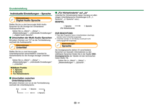 Page 4341
 Individuelle Einstellungen – Sprache
BildeinstellungenDigital Audio Sprache
Stellen Sie bis zu drei bevorzugte Multi-Audio-
Sprachen für die Anzeige bei vorhandenen 
Audiosprachen ein.Gehen Sie zu „Menü“ > „Setup“ > 
„Bildeinstellungen“ > „Individuelle Einstellungen“ 
> „Digital Audio Sprache“.
 
E
Umschalten der Multi-Audio-Sprachen
Mit jedem Drücken von 7 an der Fernbedienung 
wechselt die Audiosprache.
Bildeinstellungen Untertitel
Stellen Sie bis zu zwei bevorzugte 
Untertitelsprachen...