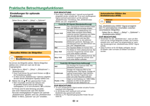 Page 4442
 Einstellungen für optionale 
Funktionen
Gehen Sie zu „Menü“ > „Setup“ > „Optionen“.
Setup
Bildoptionen Optionen
3D-Setup
KAN-Liste
:Zurück
:OK
Menü
AQUOS LINK- EinstellungenBuchseneinstellung
Manuelles Wählen der Bildgrößen
Optionen Breitbildmodus
Sie können die Bildgröße wählen. Welche Bildgrößen 
wählbar sind, richtet sich nach der Art des 
Eingangssignals. 
1
Gehen Sie zu „Menü“ > „Setup“ > „Bildoptionen“ > 
„Breitbildmodus“.Einen Punkt können Sie auch durch Drücken von f an 
der Fernbedienung...