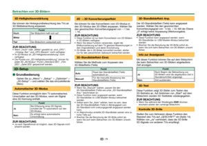 Page 7371
 3D-HelligkeitsverstärkungSie können die Hintergrundbeleuchtung des TVs an 
3D-Bildbetrachtung anpassen.
Punkt
Hoch Der Bildschirm hellt sich auf
Mittel
Tief Der Bildschirm verdunkelt sichZUR BEACHTUNG Wenn „Hoch“ oder „Mittle“ gewählt ist, sind „OPC“, 
„Hintergr.-Bel.“ und „OPC-Bereich“ nicht verfügbar.
 Im 2D-Modus ist „3D-Helligkeitsverstärkung“ nicht  verfügbar.
 Die Punkte von „3D-Helligkeitsverstärkung“ können für  jeden 3D „AV-Modus“-Punkt („Standard (3D)“, „Film 
(3D)“, „Spiel (3D)“...