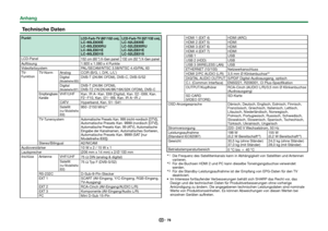 Page 8078
Anhang Technische DatenPunkt
LCD-Farb-TV (60o/152 cm), LC-60LE830E 
LC-60LE830RU
LC-60LE831E
LC-60LE831S
LCD-Farb-TV (52o/132 cm), LC-52LE830E 
LC-52LE830RU
LC-52LE831E
LC-52LE831S
LCD-Panel
152 cm (60 o) X-Gen panel
132 cm (52 o) X-Gen panel
Auflösung 1.920 x 1.080 x 4 Punkte
Videofarbsystem PAL/SECAM/NTSC 3.58/NTSC 4.43/PAL 60
TV-
Funktion TV-Norm Analog CCIR (B/G, I, D/K, L/L’)
Digital(Modellreihe 830
)DVB-T (2K/8K OFDM), DVB-C, DVB-S/S2
Digital(Modellreihe 831
)DVB-T (2K/8K OFDM), 
DVB-T2...