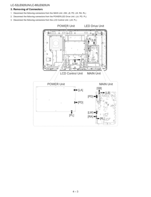 Page 14  
LC-52LE920UN/LC-60LE920UN 
3.RemovingofConnectors 
1.DisconnectthefollowingconnectorsfromtheMAINUnit.(SB,LB,PD,LW,RA,RL) 
2.DisconnectthefollowingconnectorsfromthePOWER/LEDDriveUnit.(LA,PD,PL) 
3.DisconnectthefollowingconnectorsfromtheLCDControlUnit.(LW,PL) 
POWERUnit MAINUnit 
oo[ 
m_,,[LA] 
o 
I_[PD] 
[PL] [SB] 
4-3  