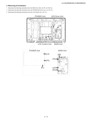 Page 19  
3.RemovingofConnectors 
1.DisconnectthefollowingconnectorsfromtheMAINUnit.(SB,LB,PD,LW,RA,RL) 
2.DisconnectthefollowingconnectorsfromthePOWER/LEDDriveUnit.(LA,PD,PL) 
3.DisconnectthefollowingconnectorsfromtheLCDControlUnit.(LW,PL) LC-52LE920UN/LC-60LE920UN 
POWERUnit LEDDriveUnit 
\ 
\ 
\ 
\ 
\ 
POWERUnit 
m_[LA] MAINUnit 
[SB] 
,,[PD] [PD].m 
[PL][LW]u 
[RA] 
4-8  