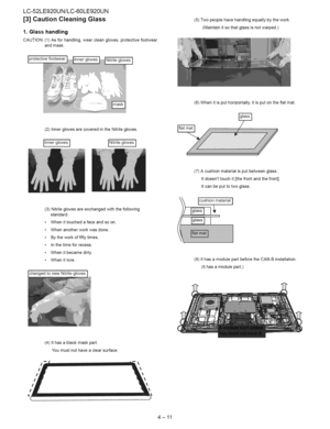 Page 22  
LC-52LE920UN/LC-60LE920UN 
[3]CautionCleaningGlass 
1.Glasshandling 
CAUTION:(1)Asforhandling,wearcleangloves,protectivefootwear 
andmask. 
protective (5)Twopeoplehavehandlingequallybythework. 
(Maintainitsothatglassisnotwarped.) 
(6)Whenitisputhorizontally,itisputontheflatmat. 
(2)InnerglovesarecoveredintheNitrilegloves. 
[Innergloves]INitrilegloves] 
(3)Nitrileglovesareexchangedwiththefollowing 
standard. 
Whenittouchedafaceandsoon. 
Whenanotherworkwasdone. 
Bytheworkoffiftytimes....