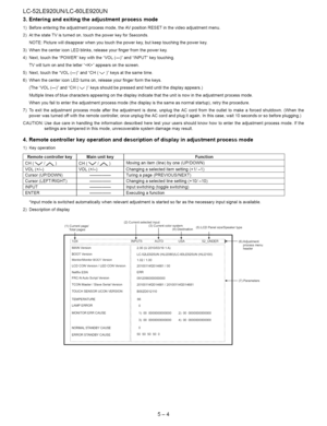 Page 30  
LC-52LE920UN/LC-60LE920UN 
3.Enteringandexitingtheadjustmentprocessmode 
1)Beforeenteringtheadjustmentprocessmode,theAVpositionRESETinthevideoadjustmentmenu. 
2)AtthestateTVisturnedon,touchthepowerkeyfor5seconds. 
NOTE:Picturewilldisappearwhenyoutouchthepowerkey,butkeeptouchingthepowerkey. 
3)WhenthecentericonLEDblinks,releaseyourfingerfromthepowerkey. 
4)Next,touchthePOWERkeywiththeVOL(1)andINPUTkeytouching. 
TVwillturnonandtheletterappearsonthescreen. 
5)Next,touchtheVOL(1)andCH(v)keysatthesametime....