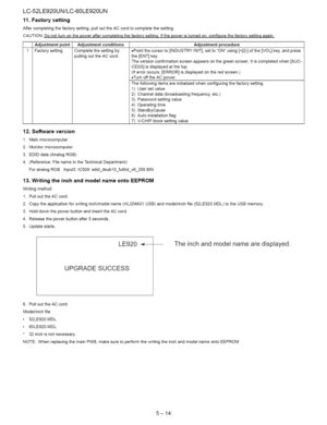 Page 40  
LC-52LE920UN/LC-60LE920UN 
11.Factorysetting 
Aftercompletingthefactorysetting,pullouttheACcordtocompletethesetting. 
CAUTION:Donotturnonthepoweraftercompletinqthefactorysettinq.Ifthepoweristurnedon,confiqurethefactorysettinqaqain. 
Adjustmentpoint 
1Factorysetting Adjustmentconditions 
Completethesettingby 
pullingouttheACcord. Adjustmentprocedure 
•Pointthecursorto[INDUSTRYINIT],settoONusing[+]/[-]ofthe[VOL]key,andpress 
the[ENT]key....