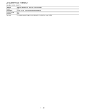 Page 46  
LC-52LE920UN/LC-60LE920UN 
15)PUBLICMODE(ON!OFF) 
SelectionSelectionbetweenONandOFF(loopprovided) 
DefaultOFF 
ExplanationIncaseofON,publicmodesettingsareeffected. 
LimitinSettingNone 
ExceptionNone 
RemarksThepublic-modesettingsareoperableonlywhenthisitemissetatON. 
5-20  