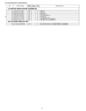 Page 70  
LC-52LE920UN/LC-60LE920UN 
PRICENEWPART 
NO.PARTSCODERANKMARKDELVERY 
[1]PRINTEDWIRINGBOARDASSEMBLIES 
z_ N 
N 
N 
N 
N 
N 
N 
N 
N DESCRIPTION 
DKEYMF452FM20BW 
DUNTKF493FM01AE 
DUNTKF493FM02AF 
DUNTKF494FM01AG 
RUNTKA690WJQZAZ 
RDENCA395WJQZBP 
RUNTK4570TPZABU 
RUNTK4433TPZABS 
RUNTK4433TPZZBS 
[2]LCDPANELMODULEUNIT 
NR1LK520D3LWBOZDX 
NR1LK600D3LW30ZEK XMAINUnit 
JICONUnit 
JLOGOUnit 
JR/C,LEDUnit 
JTOUCHSENSORUnit 
XPOWERUnit 
XLCDCONTROLUnit 
XLEDDRIVEUnit(LC-52LE920UN)...