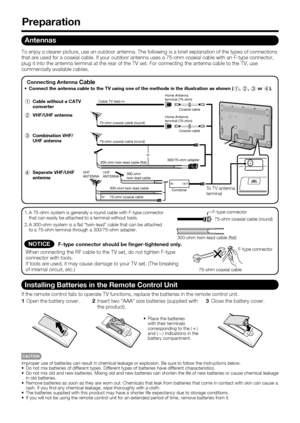 Page 12 10
Antennas
To enjoy a clearer picture, use an outdoor antenna. The following is a brief explanation of the types of connections 
that are used for a coaxial cable. If your outdoor antenna uses a 75-ohm coaxial cable with an F-type connector, 
plug it into the antenna terminal at the rear of the TV set. For connecting the antenna cable to the TV, use 
commercially available cables.
300-ohm twin-lead cable 75-ohm coaxial cable (round)
75-ohm coaxial cableIN OUT
300-ohm 
twin-lead cable VHFANTENNAUHF...