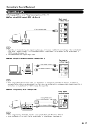 Page 19 17
Connecting a PC
Refer to page 59 for a list of PC signals compatible with the TV.
■ When using HDMI cable (HDMI 1, 2, 3 or 4):
HDMI OUT
Back panel 
vertical inputs
HDMI-certied cable
 Depending on the board, only video signals may be output. In this case, in addition to connecting an HDMI-certi ed cable 
to the HDMI 1 terminal, connect a Ø 3.5 mm stereo minijack cable to the AUDIO IN terminal and set Audio Select to 
HDMI+Analog. (See page 59.)

The HDMI terminals only support digital signal.
■ When...